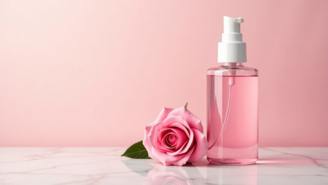 A bottle of pink liquid sits next to a pink rose on a marble surface