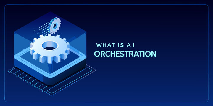 Isometric illustration depicts ai orchestration with gears and digital elements