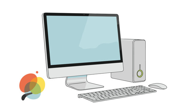 Modern desktop computer setup with a thin monitor, tower unit, keyboard and mouse on a white background with a colorful abstract logo.
