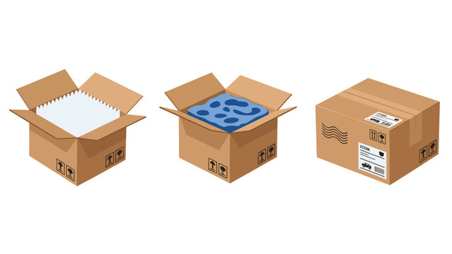 Three isometric cardboard boxes for shipping including an open box with packing peanuts and a blue liquid bag inside for transport.