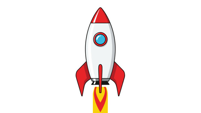 Cartoon illustration of a white space rocket with red fins and a blue window launching upwards with a yellow and orange flame.