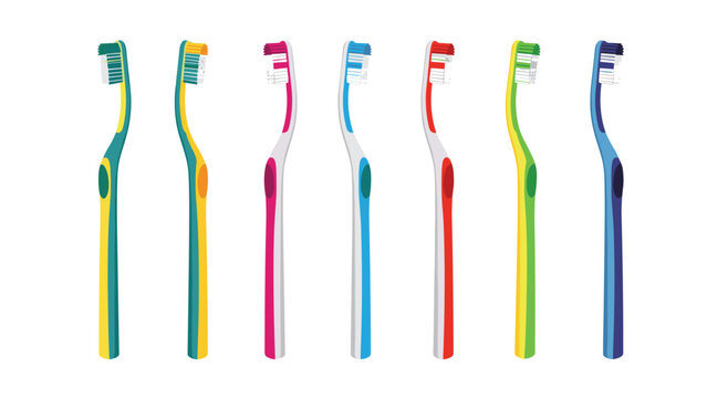Seven colorful toothbrushes in a row with different handle colors and bristle styles for daily oral hygiene and dental care routines.