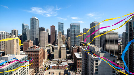 Obraz premium High Angle View of Colorful Streamers Flying Over a Dense City Skyline