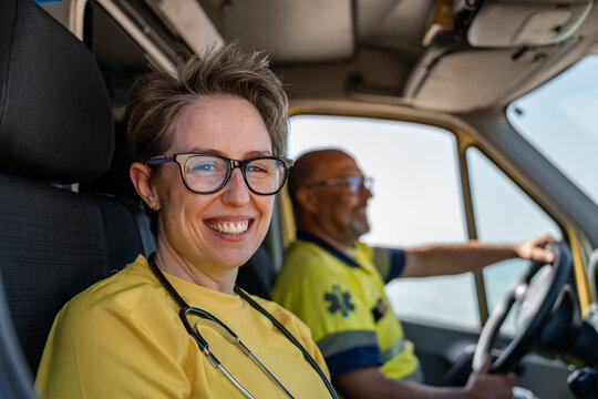 Paramedics ready for action inside an ambulance