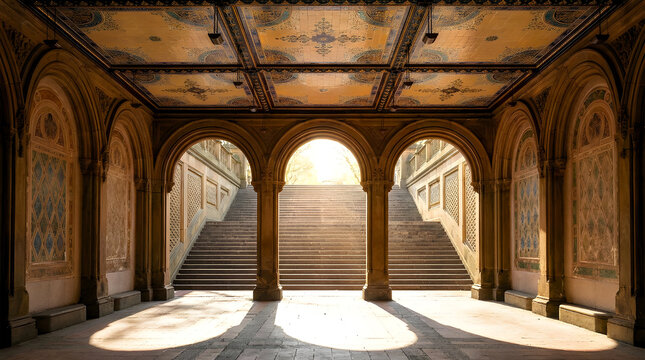 Sunlight streaming through the arches of Bethesda Terrace Arcade in Central Park NYC