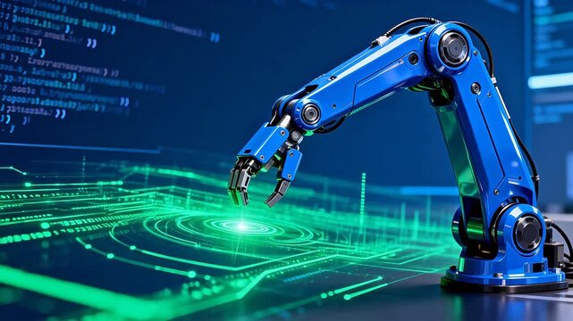 Blue robotic arm interacting with digital interface