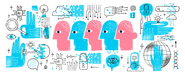AI and human society naive bold vector isolated cute illustrations of people profiles with circuit patterns and digital data icons for future work and branding