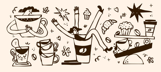 Coffee and cafe culture naive lifestyle bold vector isolated cute illustrations of people with coffee cups beans croissant muffin and cupcake for sticker print and branding
