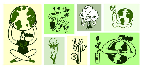 Ecology and sustainable lifestyle naive bold vector isolated cute illustrations of people hugging earth globe tree with heart snail and bee for sticker print and branding