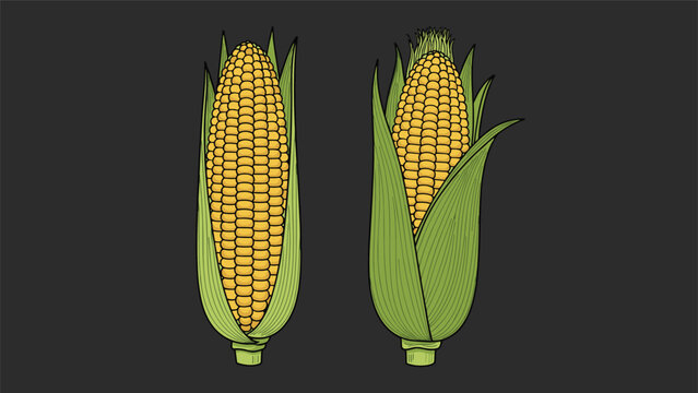 Detailed illustration of two fresh yellow corn cobs with green husks set against a dark grey background for agriculture.