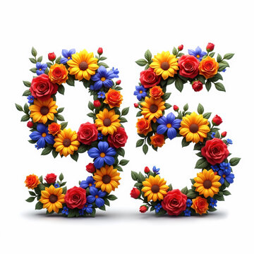 The number 95 is beautifully crafted from a variety of colorful flowers, including roses and sunflowers, on a white background, making it a lovely illustration for a birthday card.