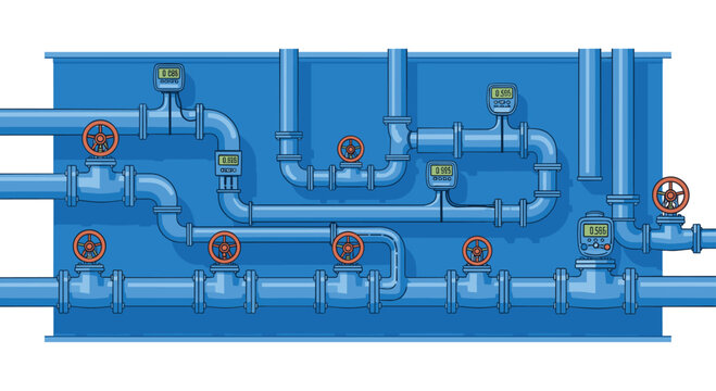 Elaborate blue piping system featuring multiple digital flow meters and red manual valves on a solid blue industrial panel in a flat vector illustration.