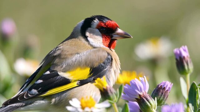 cute goldenfinch standing in colorful flowwer field
