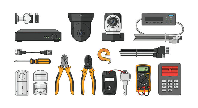 Professional security camera installation tools and electrical testing equipment are organized on a clean light gray surface for efficient maintenance work.