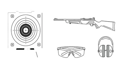 Precision and Safety: A detailed illustration showcasing the tools of marksmanship – a target, rifle, safety glasses, and ear protection, emphasizing precision and safety.