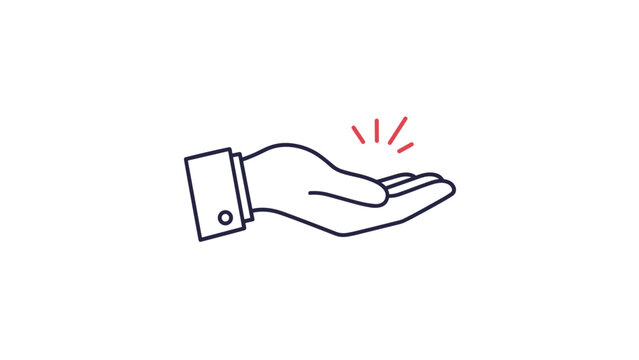Outlined hand gesture with an open palm facing upwards as if holding something invisible or offering help isolated on white background.