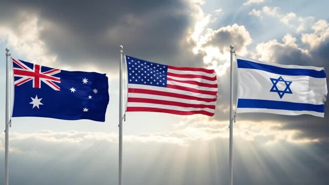Australia, USA, and Israel Flags Waving Together Under Sky