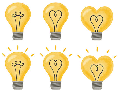 Collection of luminous yellow light bulb icons and heart-shaped bulbs isolated on transparent background. Flat vector illustration for idea, creativity, solution, love, and inspiration concepts. PNG f
