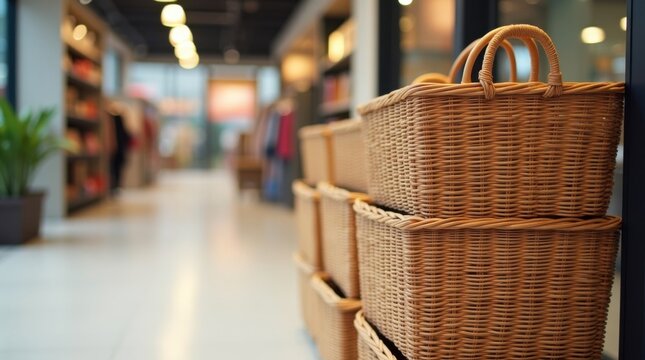 Cestas de la compra apiladas uniformemente de forma ordenada y organizada cerca de la entrada de una tienda