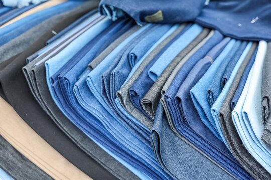 Fabric market display showing a colorful denim selection