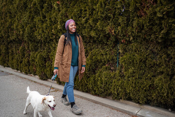 Fototapeta premium Young adult woman walking dog on street
