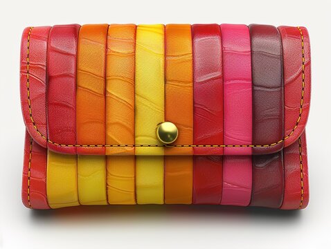 A vibrant rainbow-colored leather wallet with a gold button on a white background