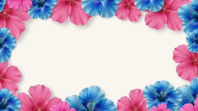 Looping animation of a colorful floral frame featuring vibrant pink and blue flowers forming a decorative border on a soft neutral background. Ideal for wedding invitations, greeting cards.