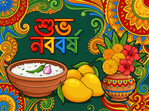 Bengali New Year Symbols Panta Bhat, Mangoes, and Flowers