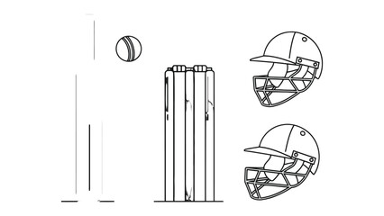 Obraz premium Cricket Essentials: A minimalist depiction showcases key cricket elements, from stumps and bails to protective helmets and the vital cricket ball, all against a clean backdrop. 