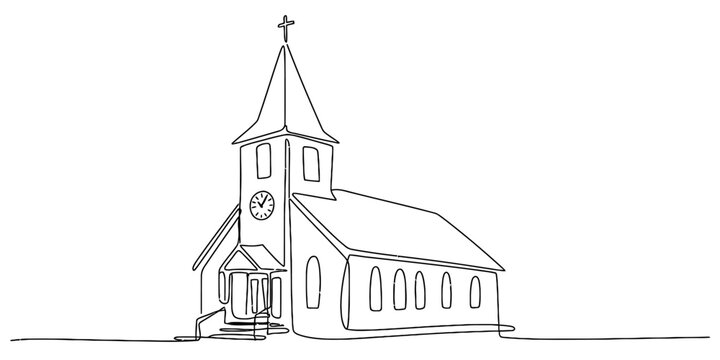 A minimalist single line drawing illustration of a small traditional country church building. Vector, illustration