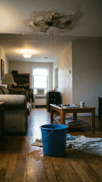 Plastic bucket on the floor catching water leaking from the ceiling in a living room, home insurance and emergency water damage concept