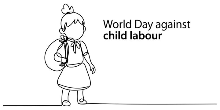 A simple line drawing of a young girl with a heavy backpack for the world day against child labour Vector, illustration