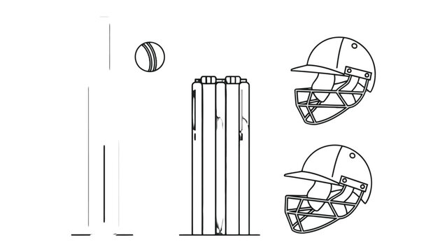 Cricket Essentials: A minimalist depiction showcases key cricket elements, from stumps and bails to protective helmets and the vital cricket ball, all against a clean backdrop. 