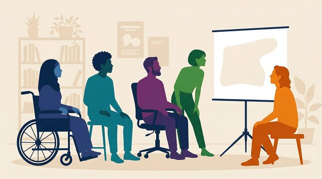 Inclusive Gathering: A group of individuals representing different backgrounds and abilities convene in a supportive environment, collaborating and sharing insights during a presentation.