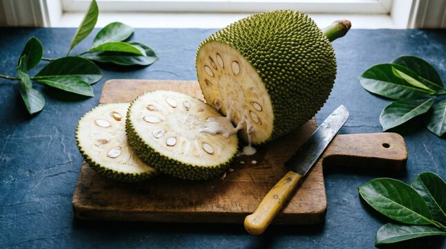 Sliced Jackfruit Still Life Tropical Fruit Texture on Cutting Board.
