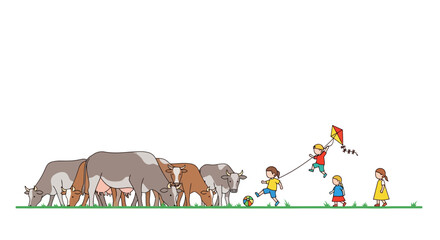 Naklejka premium Happy Children Playing With A Kite And A Ball In The Meadow Beside A Herd Of Grazing Cows On A Sunny Day In The Rural Countryside Pasture Land