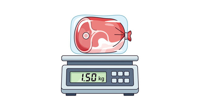 Fresh Raw Pork Meat Piece Wrapped In Plastic Packaging Being Weighed On A Digital Scale Showing One Point Five Kilograms Of Food Product Weight