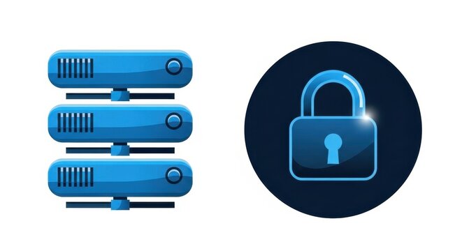 Blue servers with secure padlock icon on dark circle