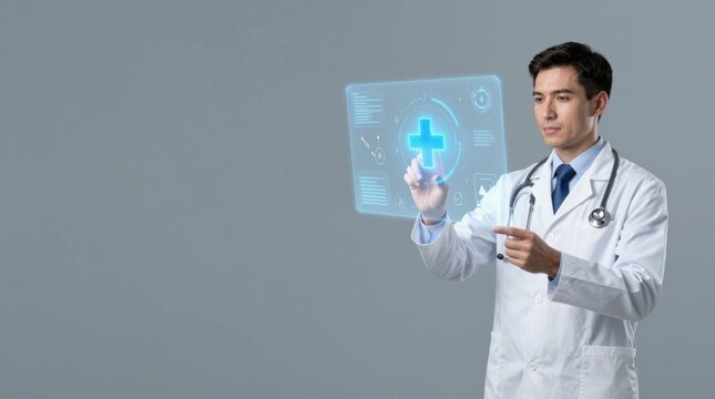 Medical professional interacts with digital health interface in modern setting