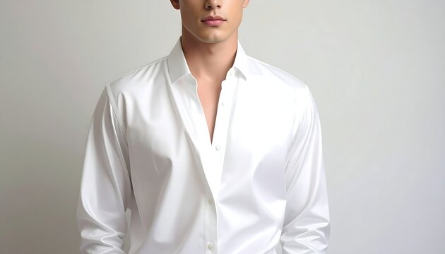 A man wearing an unbuttoned white dress shirt
