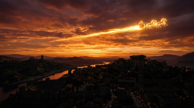 Fiery sun chariot pulled by four horses leaving a glowing trail across a vibrant orange sunset sky over an ancient Greek city with historical temples and architecture