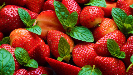 Obraz na płótnie Canvas Vibrant Fresh Strawberries and Mint Leaves Background
