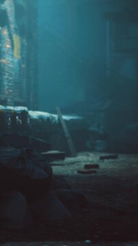 A dark and shadowy space holds scattered objects and bags. Light filters through, creating a sense of depth. Unknown items lie on the ground in this abandoned setting.