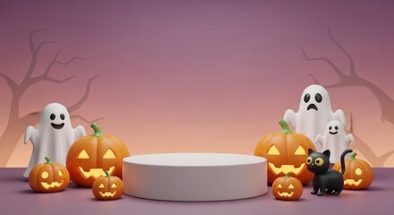 Fototapeta premium Spooky Halloween illustration featuring a scary pumpkin with a ghost and witch in an orange autumn frame for an October party card design