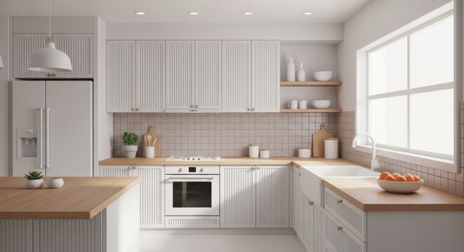 A contemporary modern kitchen interior features luxury wood cabinets and new appliances like a sleek stove and oven integrated into a domestic home design with a stylish sink and floor