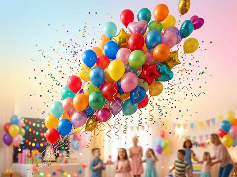 Vibrant bunch of colorful balloons and confetti exploding upwards at a cheerful children's birthday party illuminating a joyful celebration with kids and adults