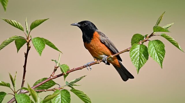 Baltimore Oriole Bird Perched on Branch Spreading Wings Close Up Detail