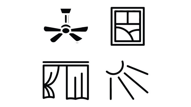 Home Interior Icons: A collection of simple, yet elegant black and white line icons representing various elements of a home's interior, designed to complement interior design projects