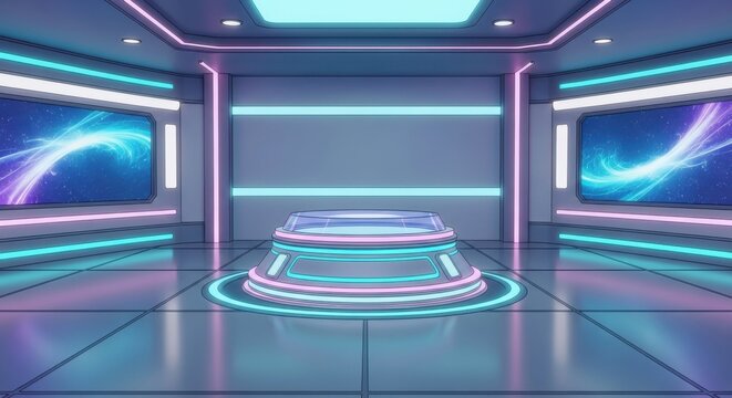 A 3d render of an empty space station interior featuring a luxury living room with a plasma screen tv and designer furniture on a flat gallery floor