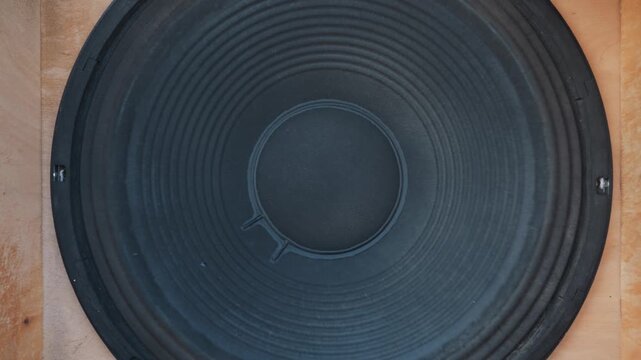Large black paper speaker cone vibrates intensely while playing low frequency bass. This authentic audio equipment concept illustrates sound waves, acoustics, and high volume pressure.